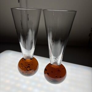 Vintage 2 Cordial Shot Glass Amber Bubble‎ Ball Bottom Base Colored Glass 4 1/2"
